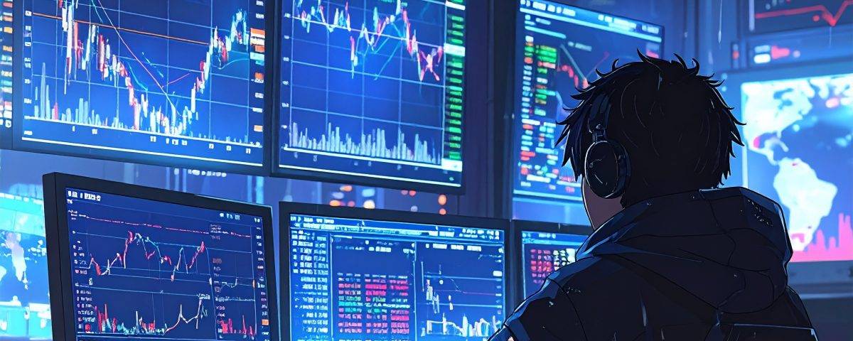 manga character looking at market screens