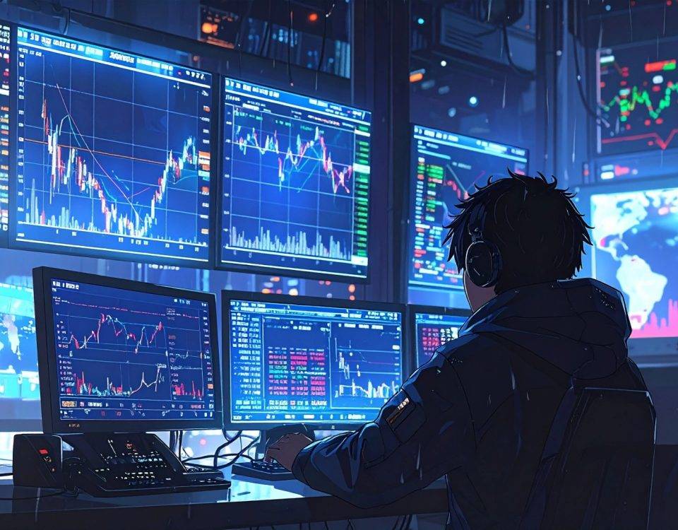 manga character looking at market screens