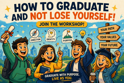 Colorful poster showing four joyful students celebrating graduation with a workshop banner and signposts about direction, identity, and purpose in a sunny campus scene.