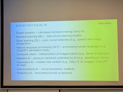 IMG_6765 Projected slide titled 'AI DOES NOT EQUAL AI:' listing AI types (expert systems, ML, DL, NLP, computer vision, robotics, generative AI, conversational AI, predictive AI) with examples; 'Conclusion Intelligence' logo in the corner.