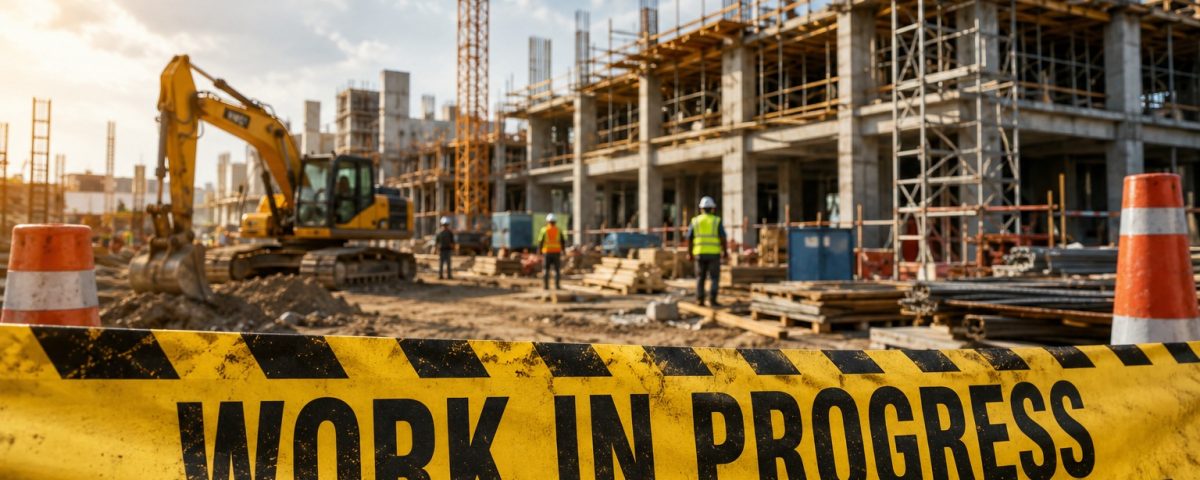 Construction site with scaffolding and a tall crane; yellow tape reading 'WORK IN PROGRESS' in the foreground.