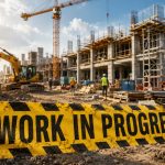 Construction site with scaffolding and a tall crane; yellow tape reading 'WORK IN PROGRESS' in the foreground.