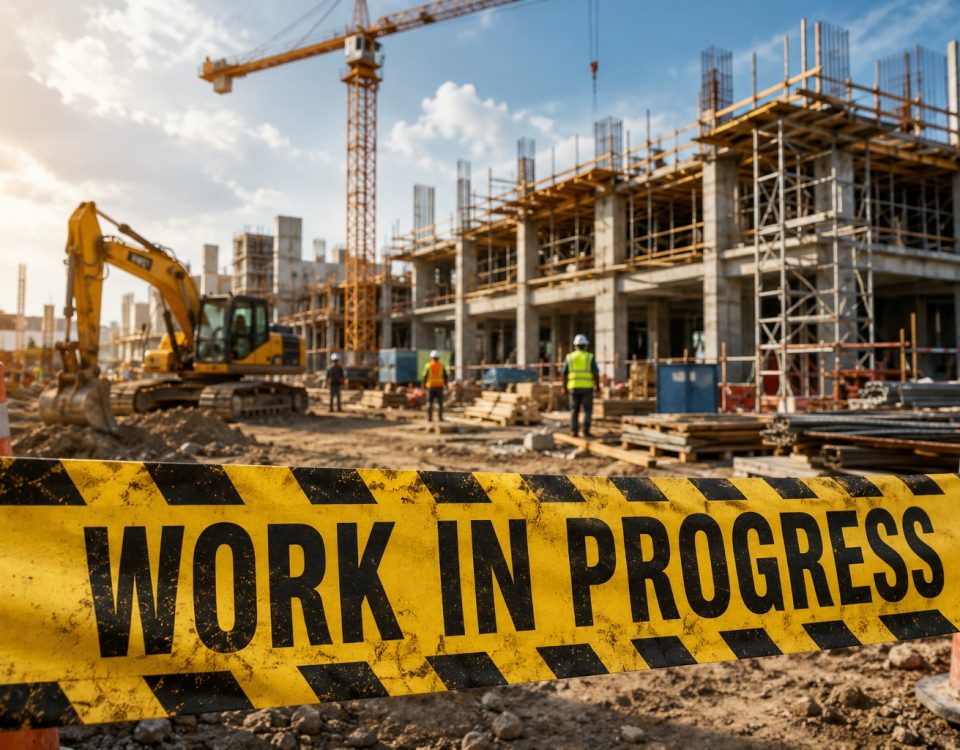 Construction site with scaffolding and a tall crane; yellow tape reading 'WORK IN PROGRESS' in the foreground.